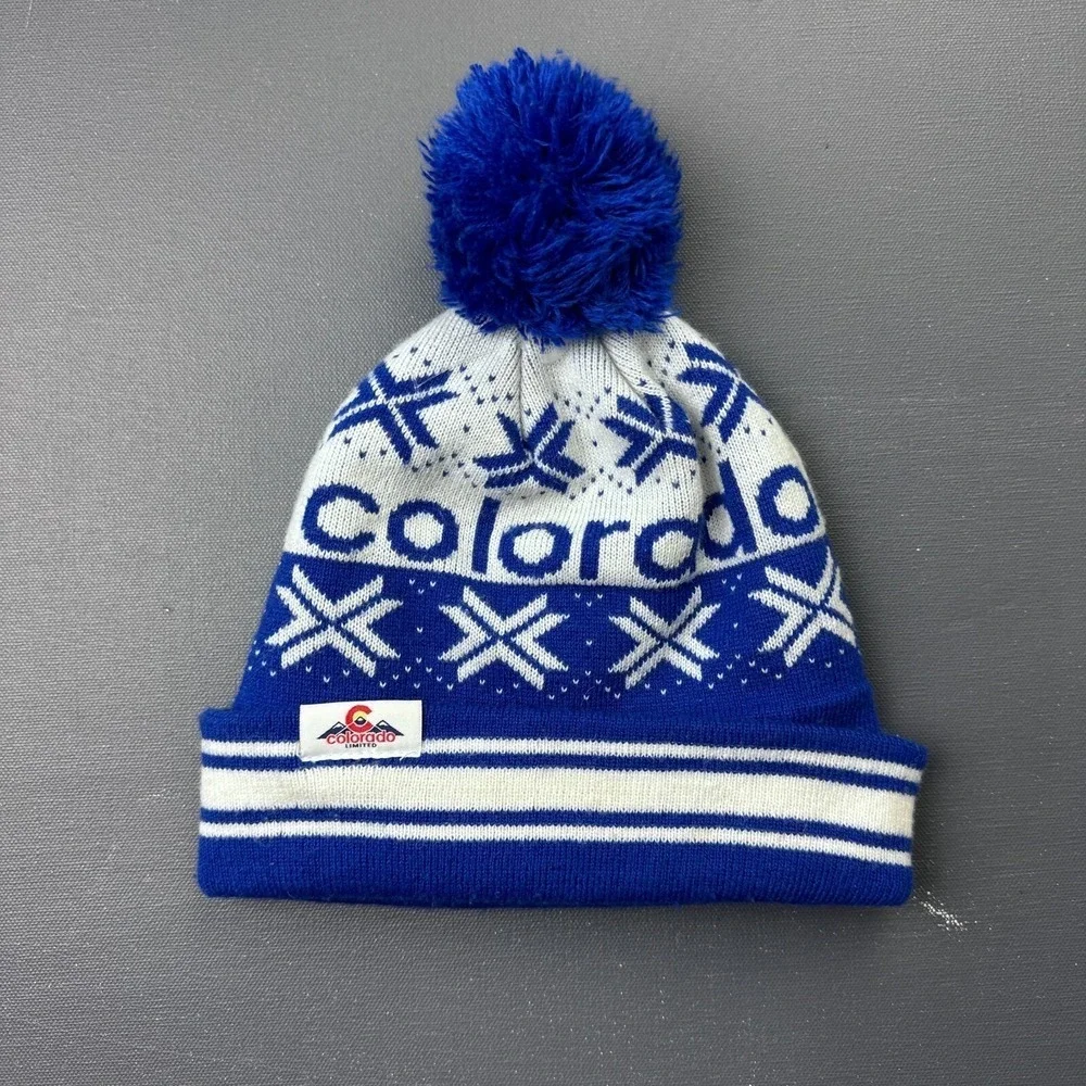 Colorado Boy's Blue Size One Size White Knit Pom Beanie Hat Winter Ski Snow Cap